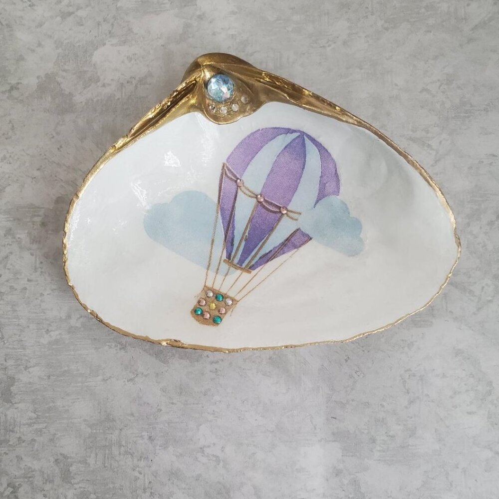 Shells Decoupaged Hot Air Balloon Hand Painted Gold Leaf Trim, Trinket Large